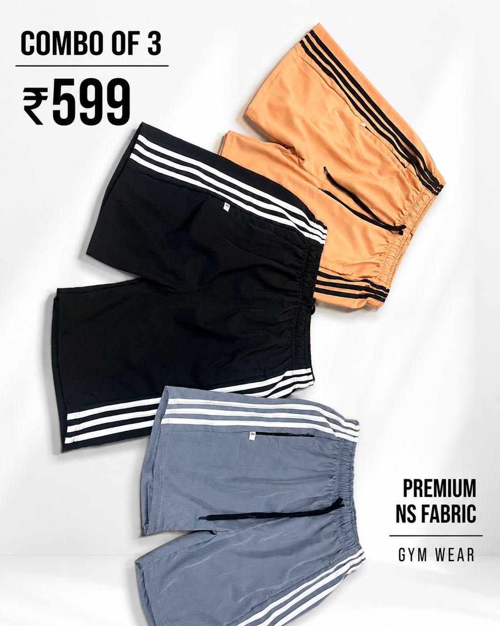 Premium NS Fabric Men’s Gym Shorts – Combo of 3